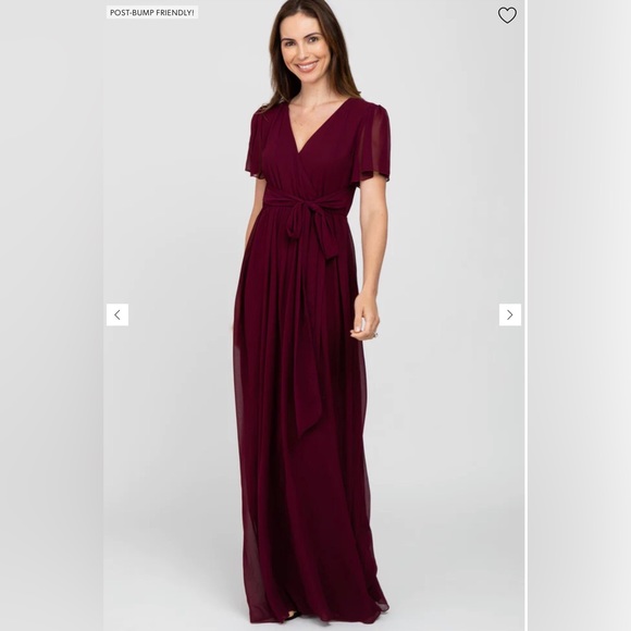 PINKBLUSH Burgundy Chiffon Short Sleeve Maternity Maxi Dress - Picture 5 of 9